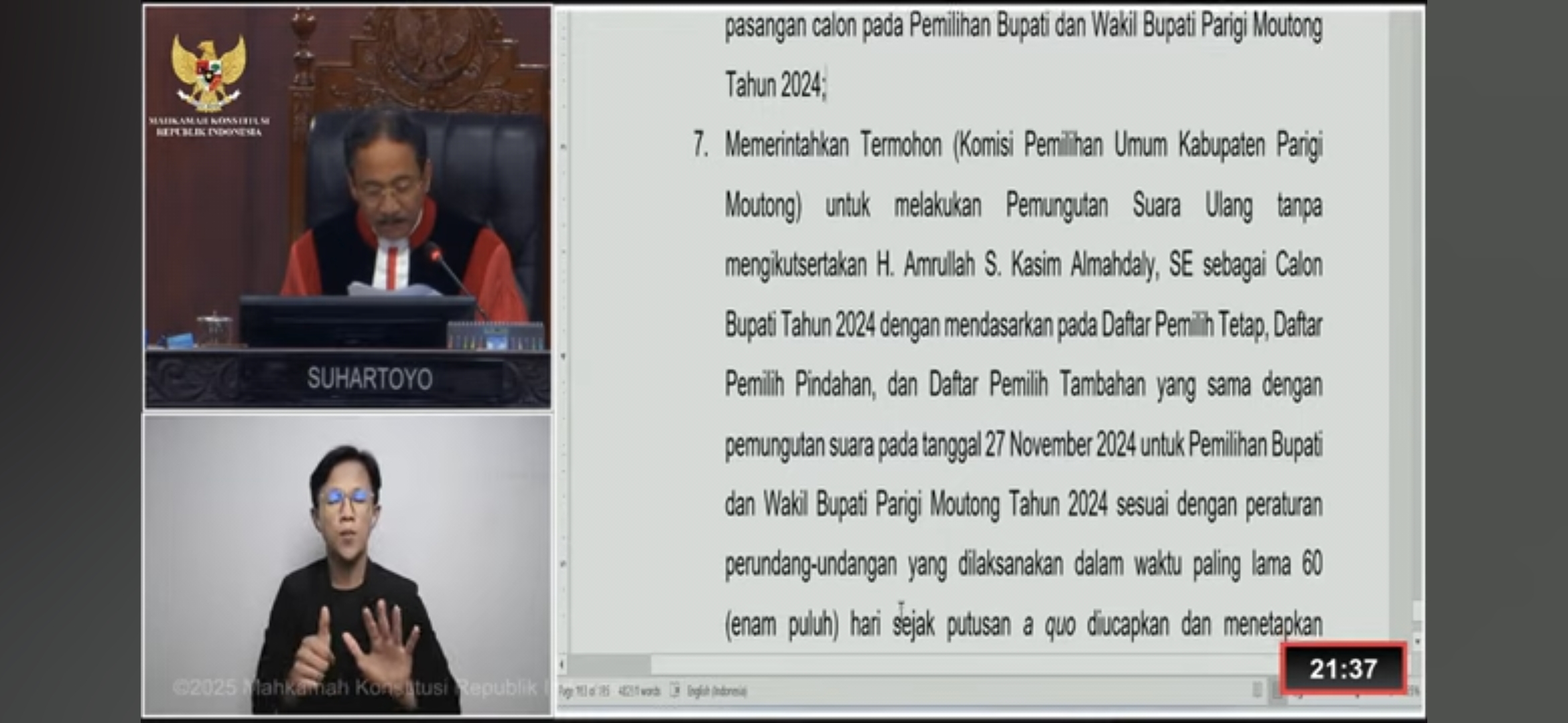 MK Perintahkan KPU Parimo Lakukan PSU, Tanpa Amrullah Almahdaly