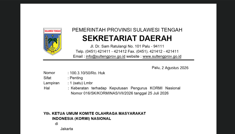 Pemprov Sulteng Beri Waktu 14 Hari kepada KORMI Nasional, Siap Tempuh Jalur Hukum soal Status Tuan Rumah FORNAS